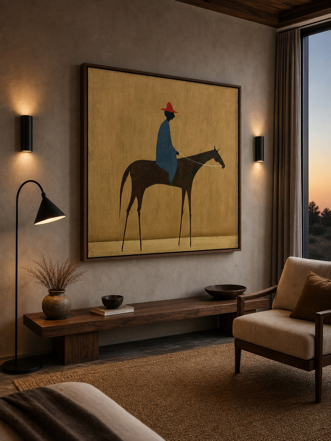 Modern Figurative Oil Painting Of Rider And Horse With Textured Beige Background For Living Room - Texture Detail Closeup | Seegart