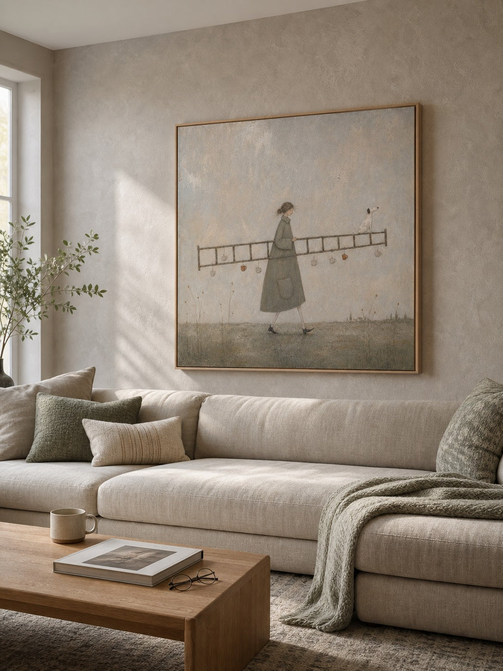 Original Man With Ladder Oil Painting Handmade Whimsical Wall Art For Living Room-SJ#0187