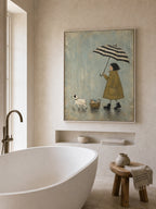 Rainy Day Dog Canvas Wall Art Striped Umbrella And Fish Basket Vintage Decor-SJ#0196