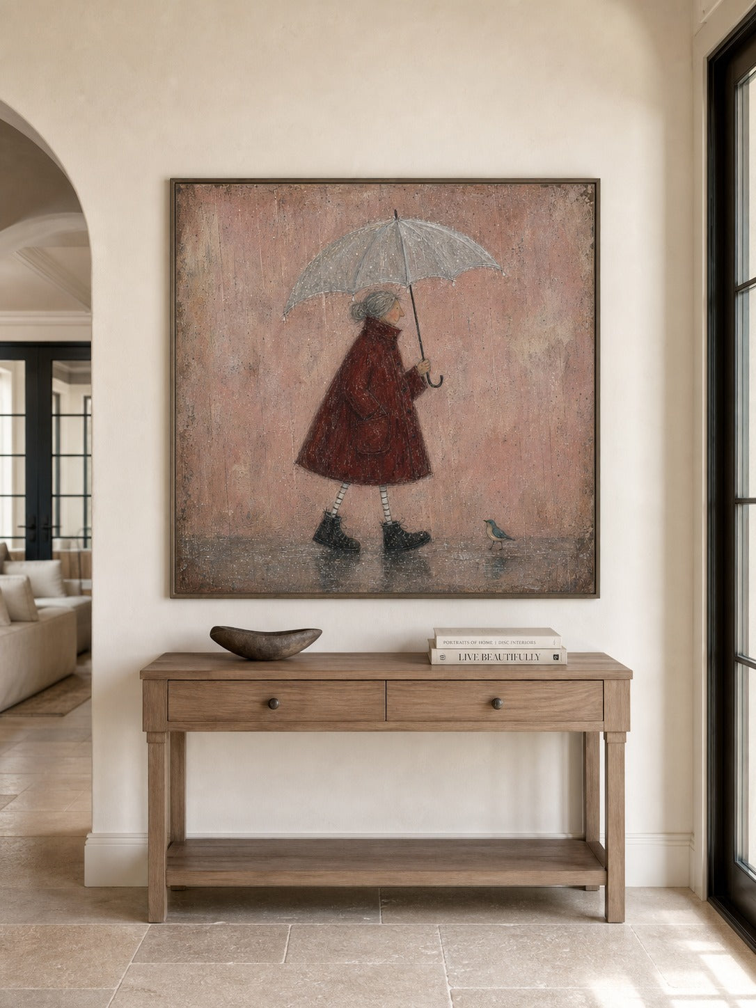 Rainy Day Painting Red Coat Woman Canvas Wall Art Soft Minimalist Decor-SJ#0190