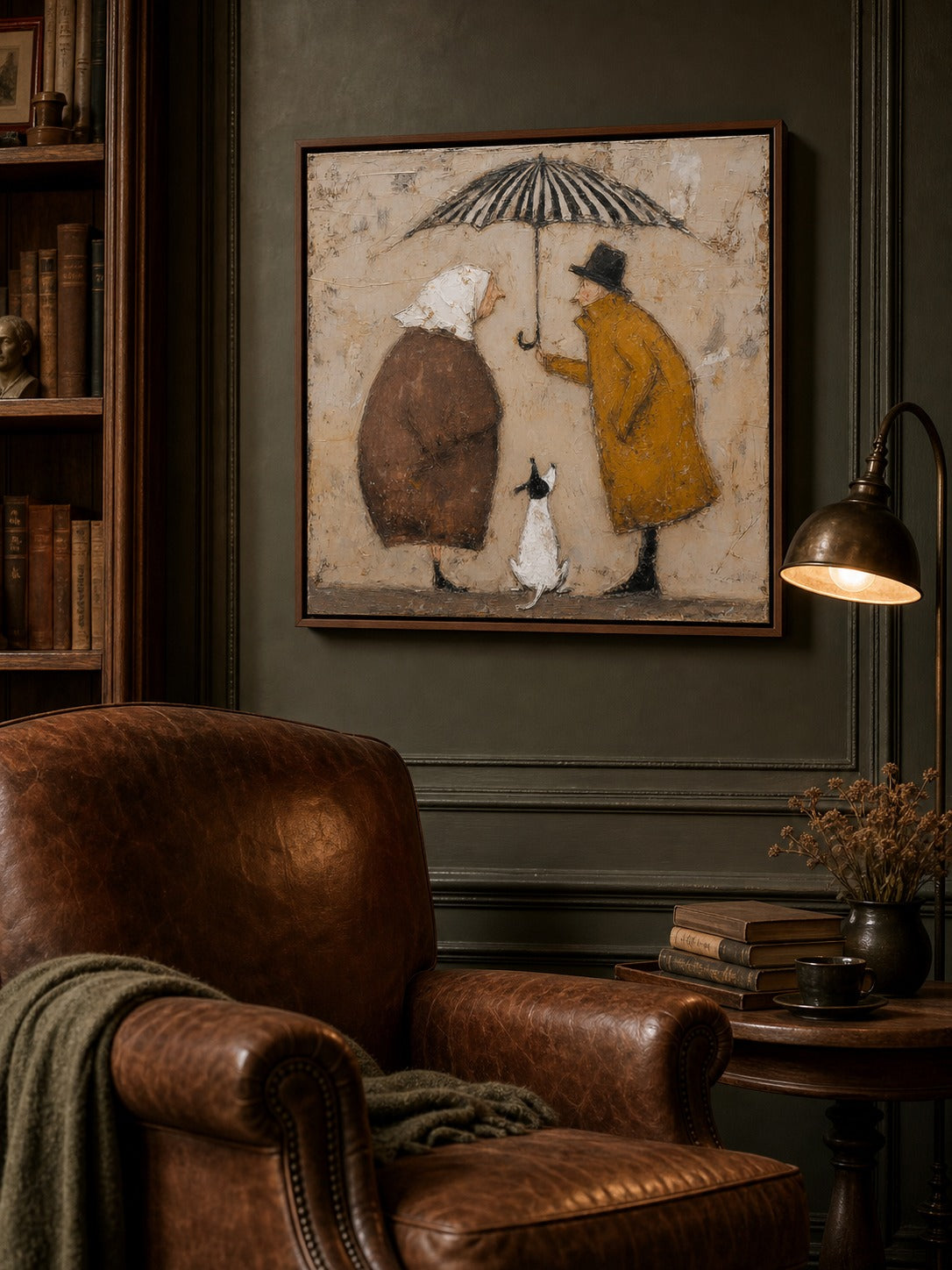 Romantic Vintage Couple Painting On Canvas Dog And Umbrella Wall Art Decor Gift-SJ#0181