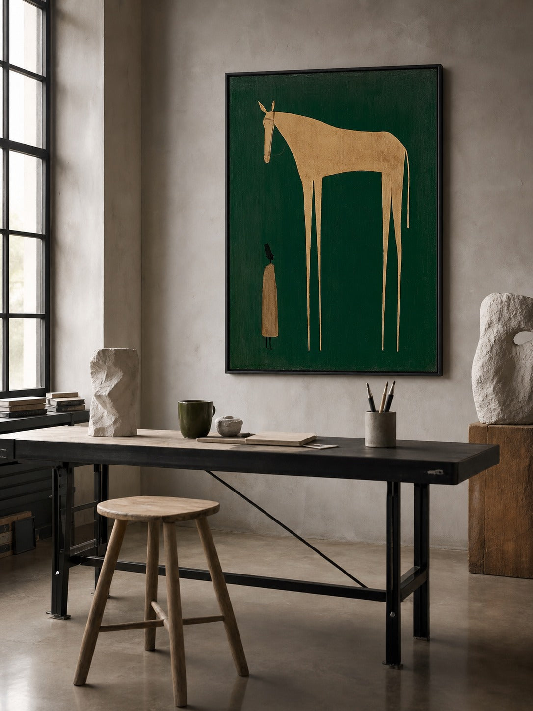 Unique Beige Horse And Figure Painting Original Canvas Art For Home Wall - Texture Detail Closeup | Seegart