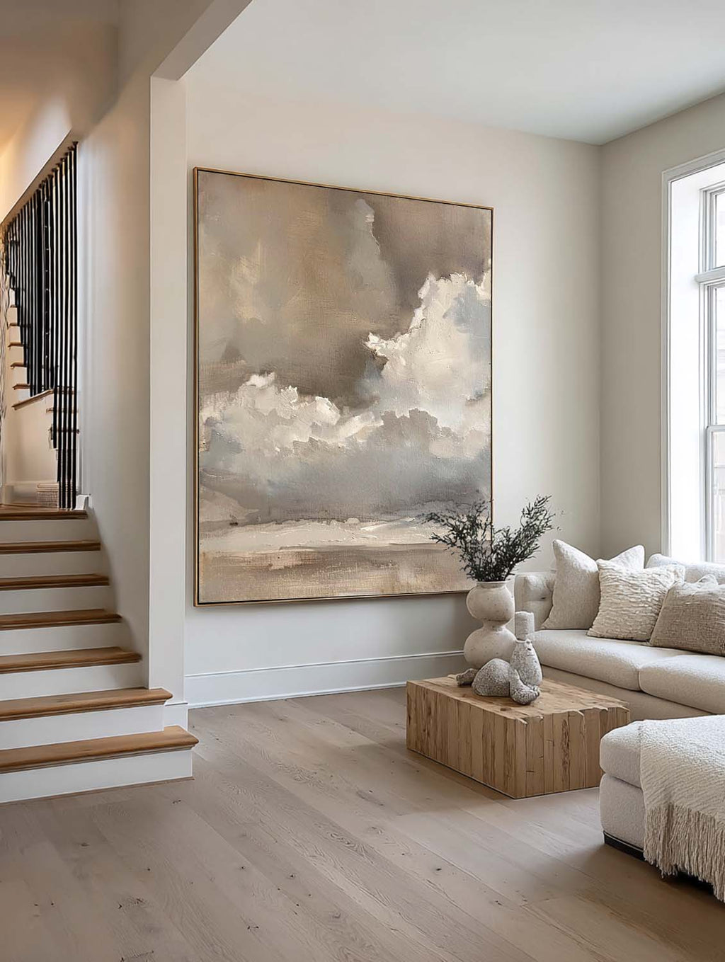 Vintage Beige And Brown Cloud Wall Art Cloudy Sky Oil Painting Vintage Neutral Cloud Painting-SJ#0208