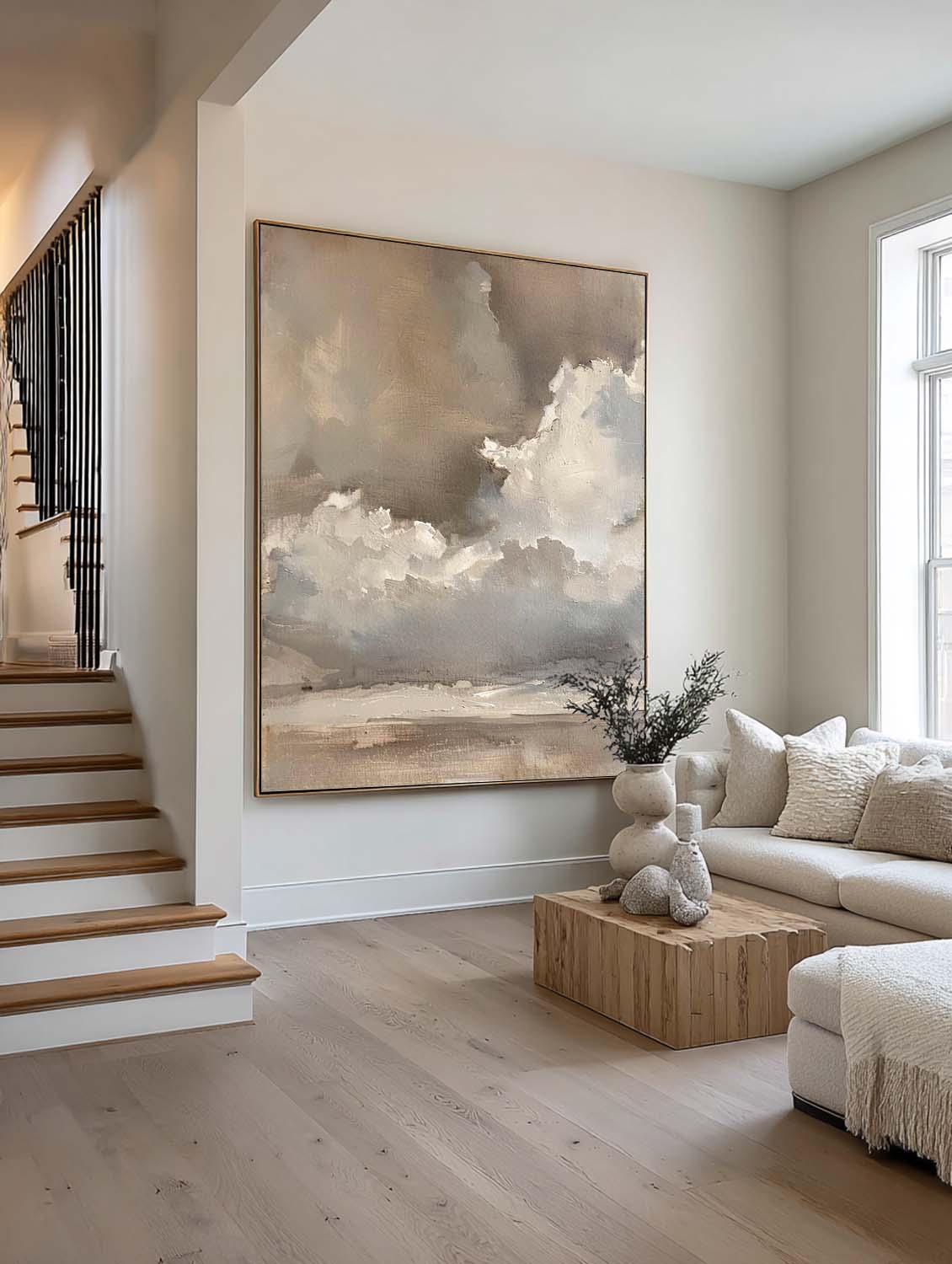 Vintage Beige And Brown Cloud Wall Art Cloudy Sky Oil Painting Vintage Neutral Cloud Painting-SJ#0208