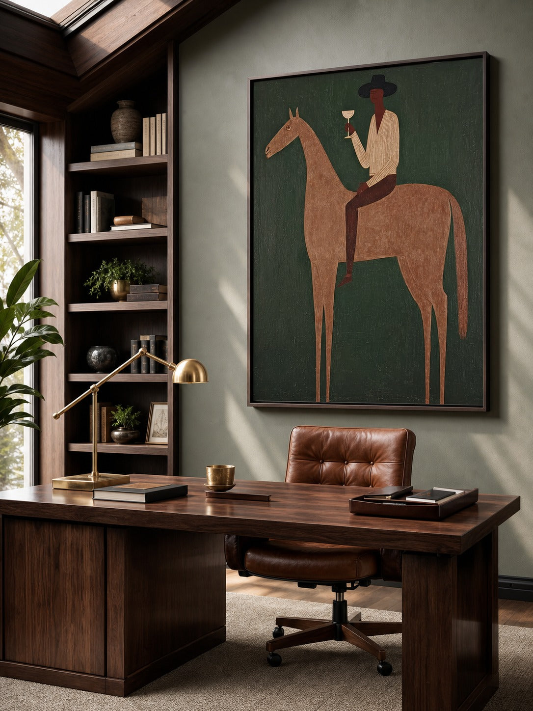 Vintage Equestrian Art Print Featuring Gentleman On Horse With Green Background For Living Room Deco - Texture Detail Closeup | Seegart