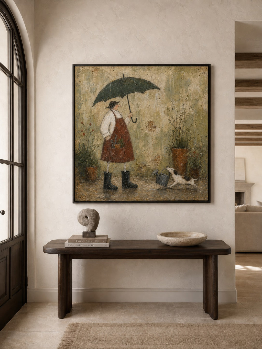 Vintage Gardener With Dog Painting In Earthy Tones For Cozy Home Decor-SJ#0184