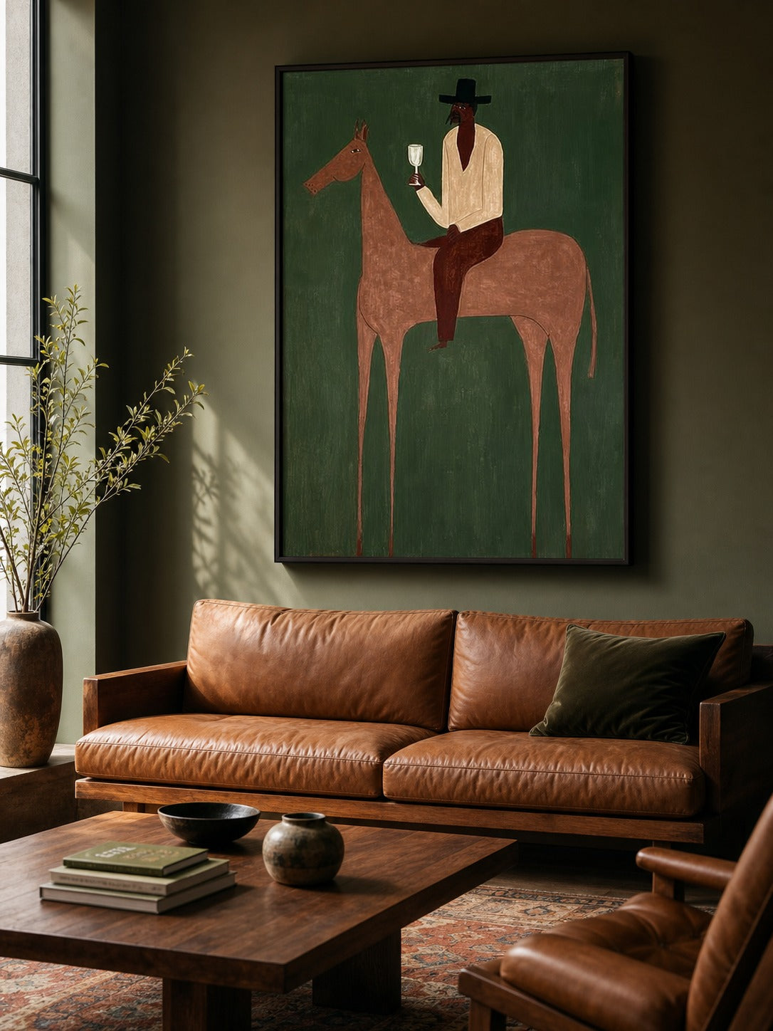 Vintage Minimalist Horse Oil Painting Framed Green Canvas Wall Art For Bedroom Sanctuary - In Room Setting | Seegart Wall Art