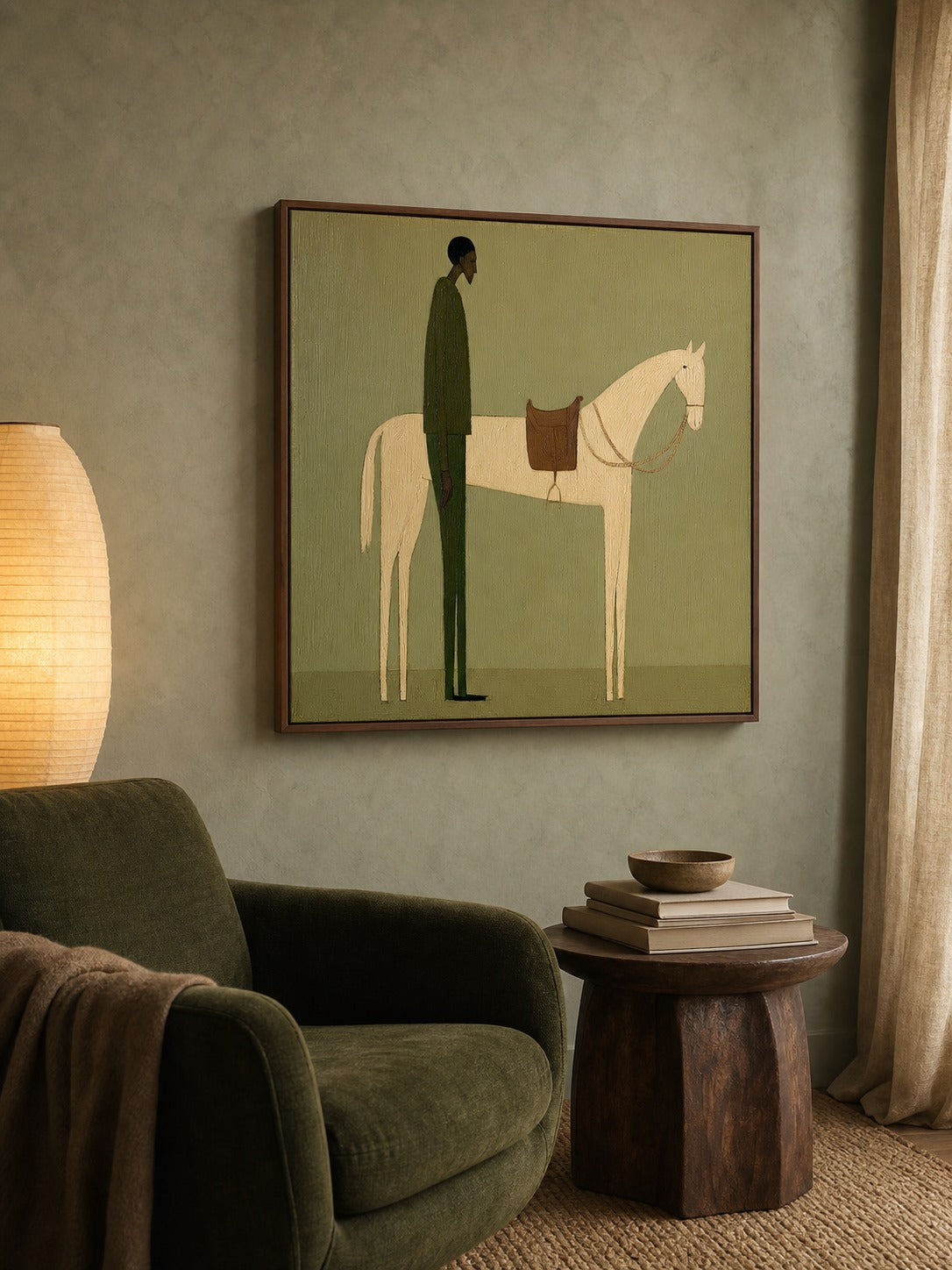 Vintage Minimalist Oil Painting Of Man With Horse In Large Framed Canvas Art - Texture Detail Closeup | Seegart