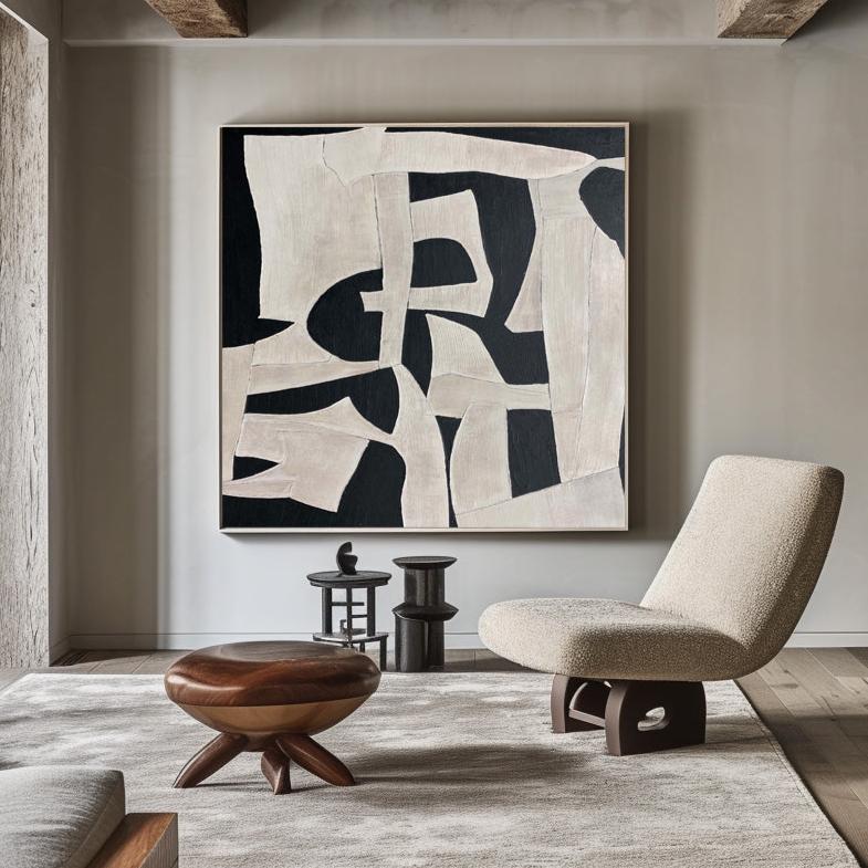 Large Black White Abstract Painting Contemporary Textured Wall Art Modern Minimalist Canvas - Texture Detail Closeup | Seegart