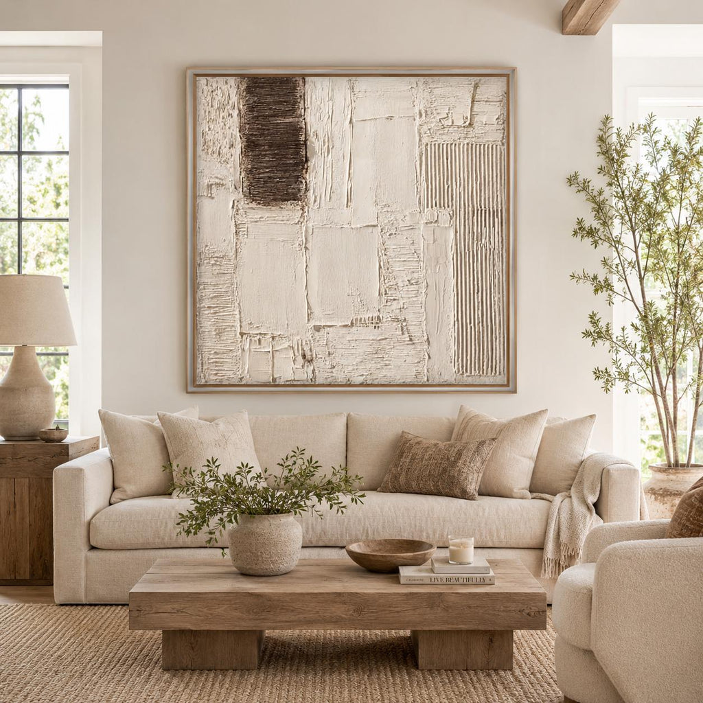 Hand Painted Textured Wall Art, Neutral Abstract Canvas Painting, Large Cream Brown Organic Modern Decor - #SJ0330