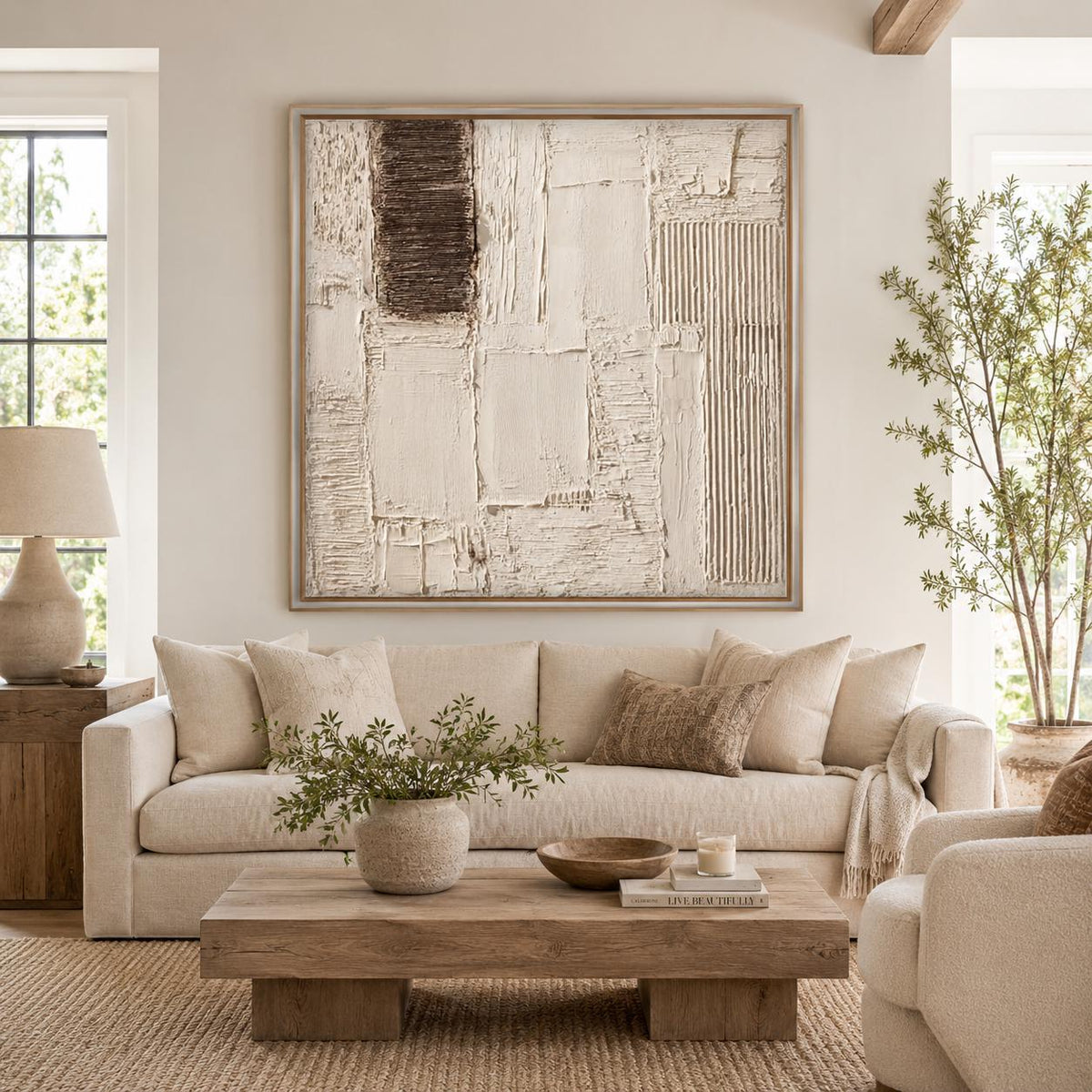 Hand Painted Textured Wall Art, Neutral Abstract Canvas Painting, Large Cream Brown Organic Modern Decor - #SJ0330