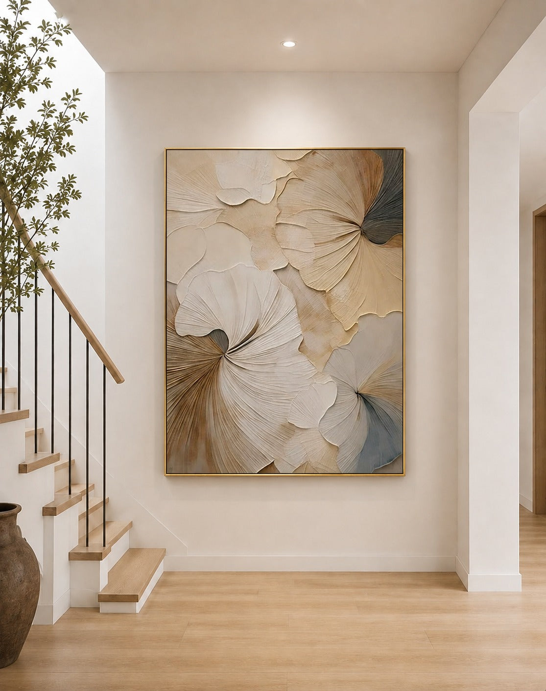 Hand-Painted Modern Floral Beige Vertical Wall Art Decor -SJ#0328