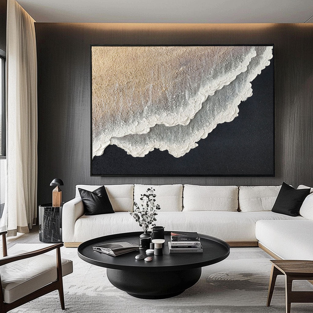 3D White And Black Minimalist Ocean Waves Art Large White And Black Minimalist Beach Pain-SJ#0201