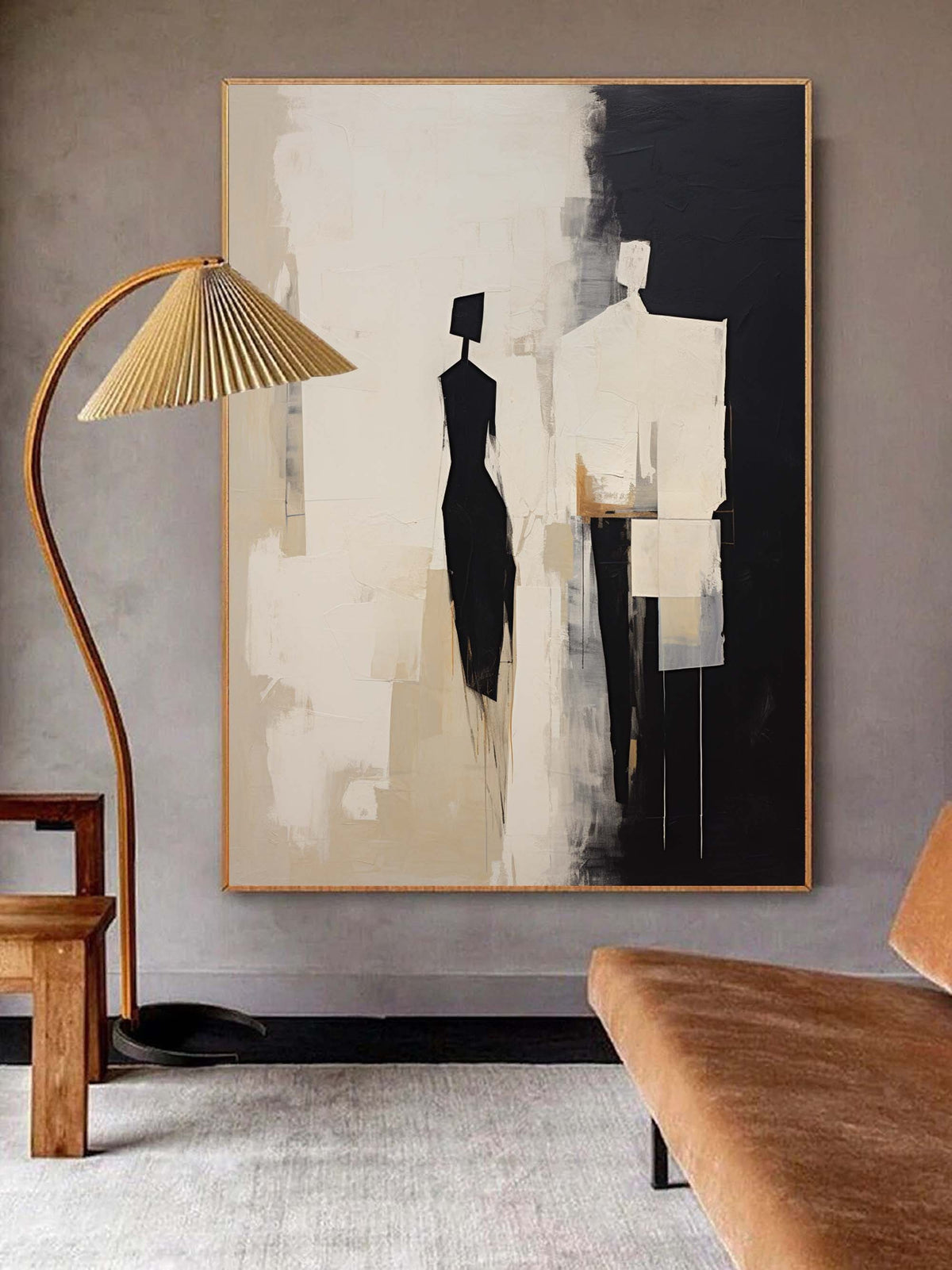 Beige Abstract Canvas Art Beige Minimalist Painting Black and-SJ#0333
