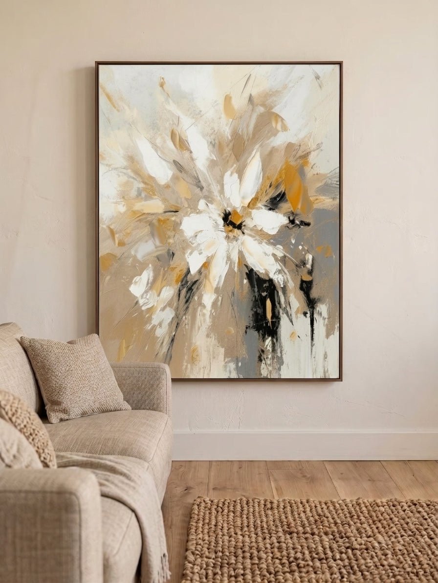 Gold Abstract Floral Wall Art, Neutral Abstract Floral Painting - View 4 | Seegart Abstract Art