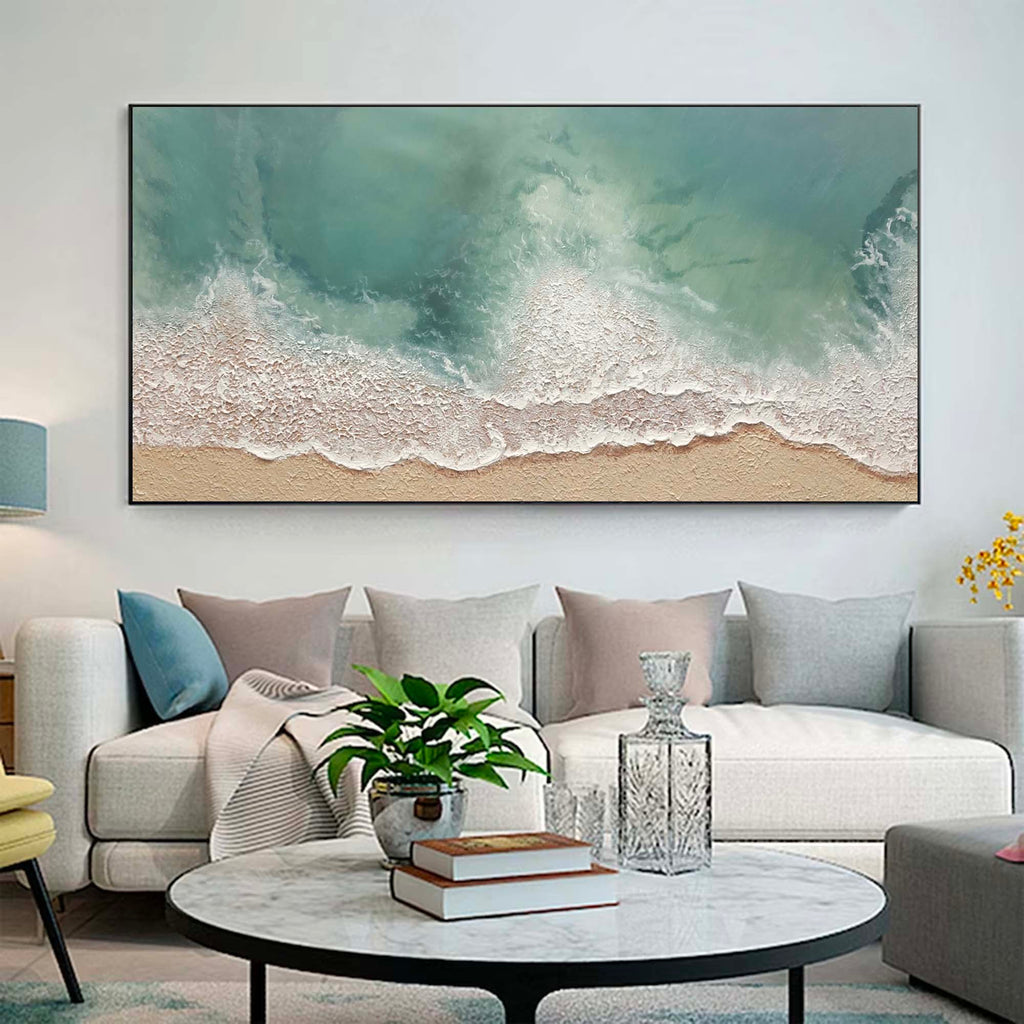 Light Green Ocean Wave Painting Beige Green Minima-SJ#0255