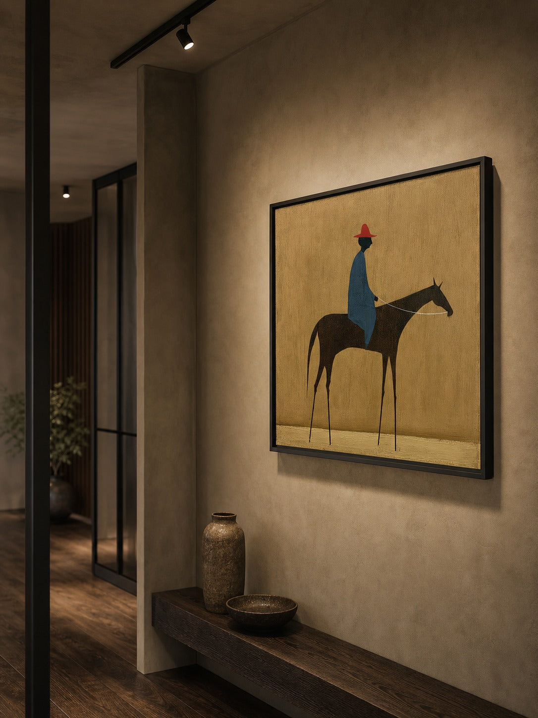 Modern Figurative Oil Painting Of Rider And Horse With Textured Beige Background For Living Room - View 4 | Seegart Abstract Art