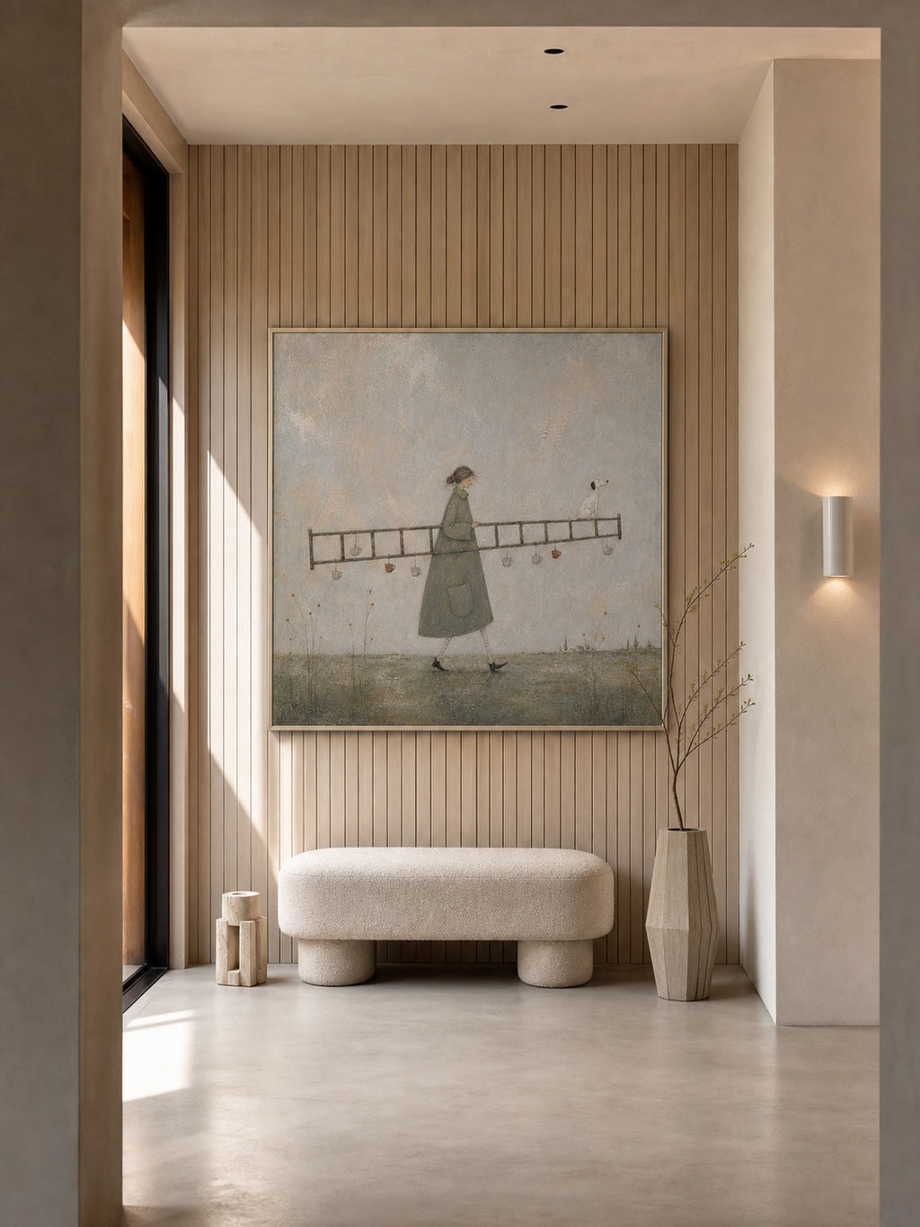 Original Man With Ladder Oil Painting Handmade Whimsical Wall Art For Living Room-SJ#0187