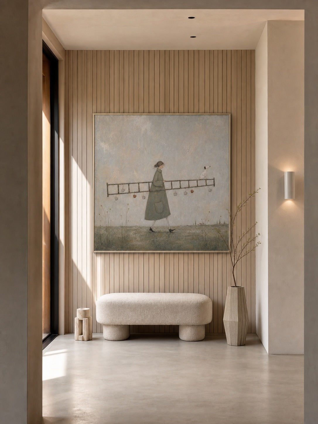 Original Man With Ladder Oil Painting Handmade Whimsical Wall Art For Living Room-SJ#0187