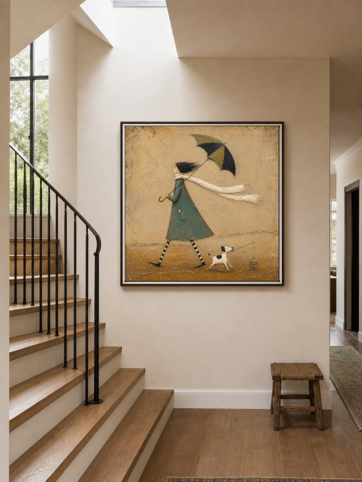 Original Hand Painted Umbrella Dog Fishing Painting Whimsical Storybook Wall Art-SJ#0188