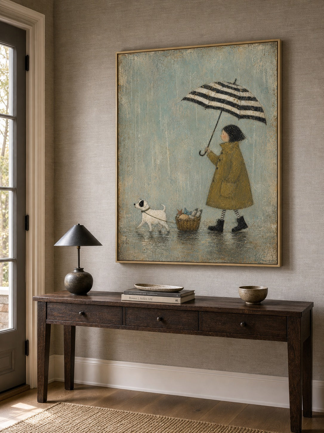 Rainy Day Dog Canvas Wall Art Striped Umbrella And Fish Basket Vintage Decor-SJ#0196