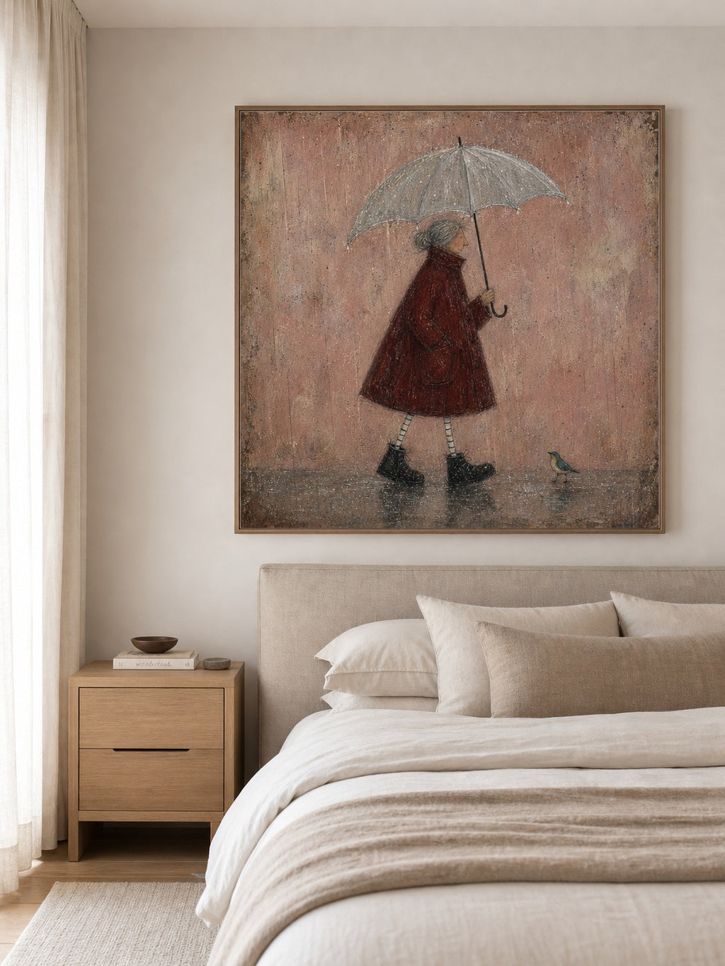 Rainy Day Painting Red Coat Woman Canvas Wall Art Soft Minimalist Decor-SJ#0190