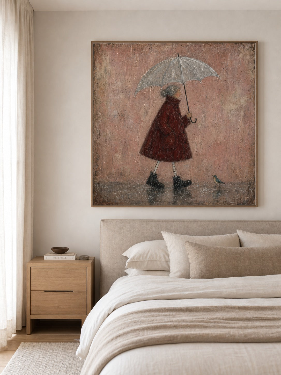 Rainy Day Painting Red Coat Woman Canvas Wall Art Soft Minimalist Decor-SJ#0190