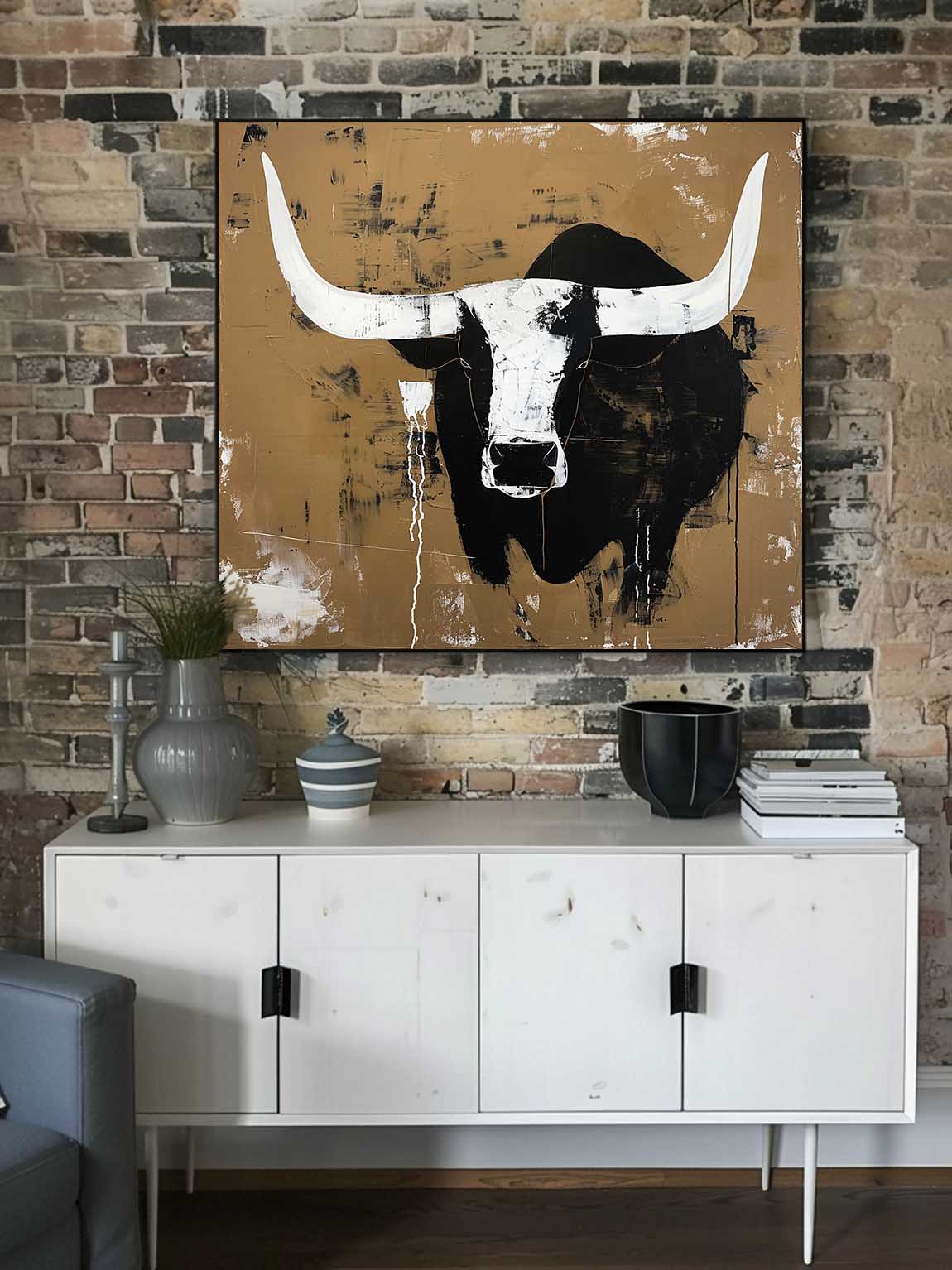 Retro White And Black Bull Horns Wall Art Vintage - View 4 | Seegart Abstract Art