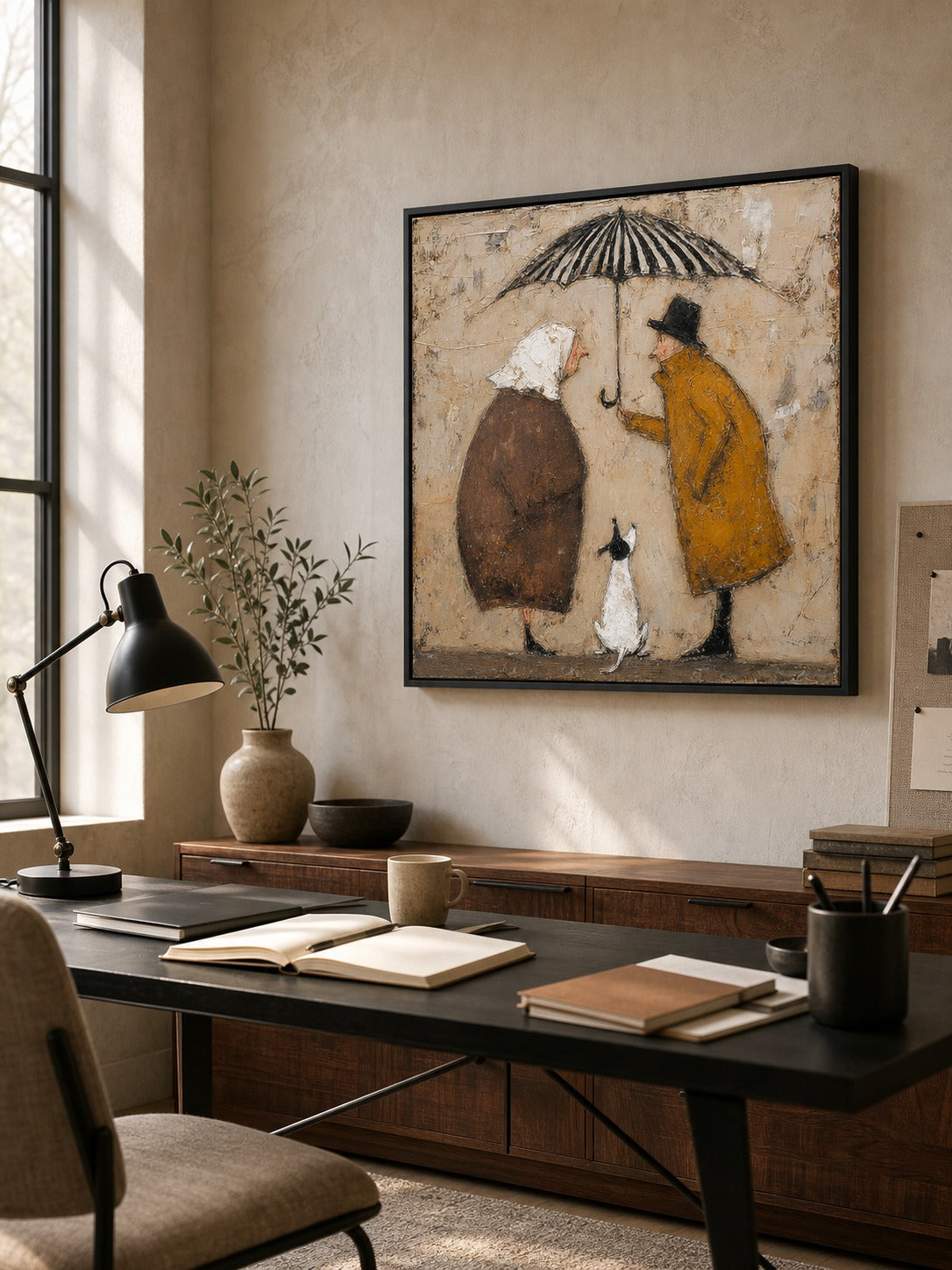Romantic Vintage Couple Painting On Canvas Dog And Umbrella Wall Art Decor Gift-SJ#0181