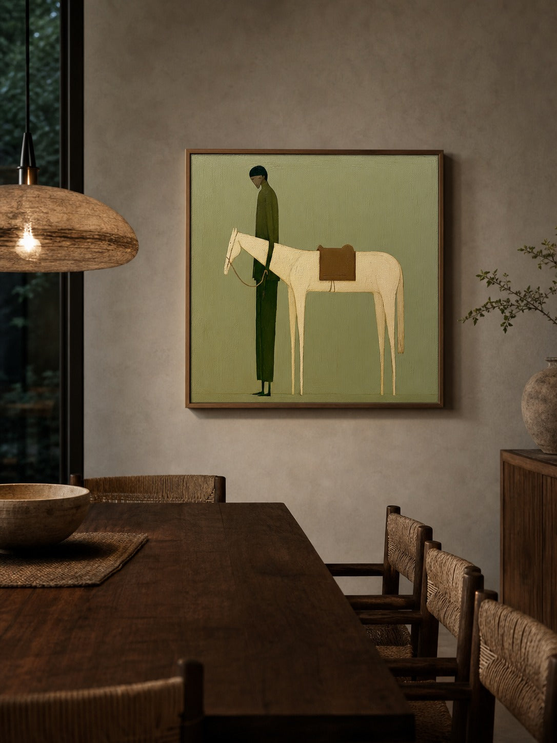 Vintage Green Horse Painting Original Oil On Linen For Modern Home Decor - In Room Setting | Seegart Wall Art