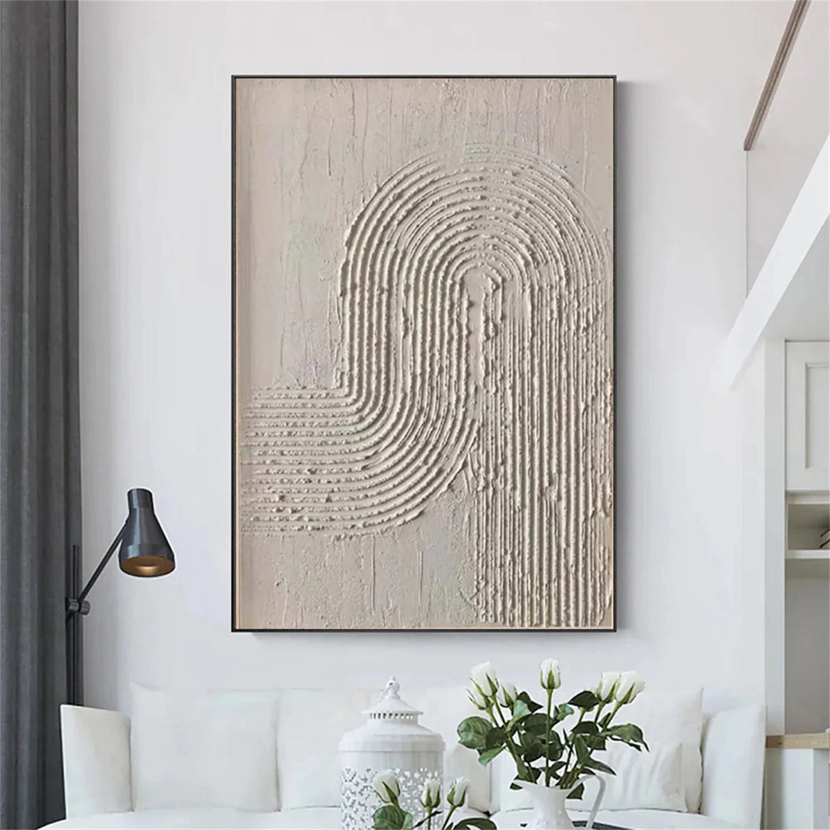 Textured Beige Arch Painting Large White Minimalist Wall Art Contemporary Canvas Art for Living Room - SJ#0308