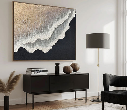 3D White And Black Minimalist Ocean Waves Art Large White And Black Minimalist Beach Pain-SJ#0201