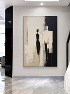 Beige Abstract Canvas Art Beige Minimalist Painting Black and-SJ#0333