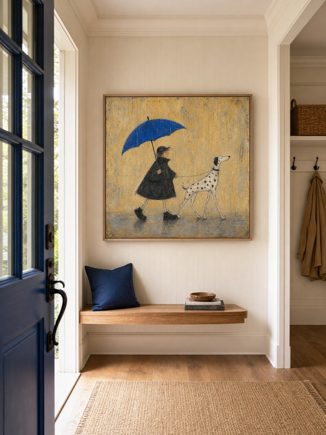 Dog Painting On Canvas Boy And Dalmatian Wall Art Blue Umbrella Decor-SJ#0189