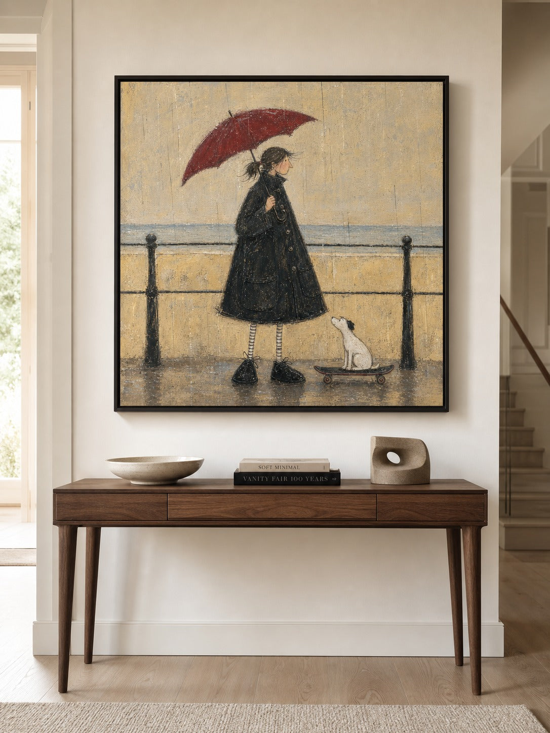 Entryway Wall Art Woman Dog Umbrella Canvas Painting With Paris Mood Decor-SJ#0186