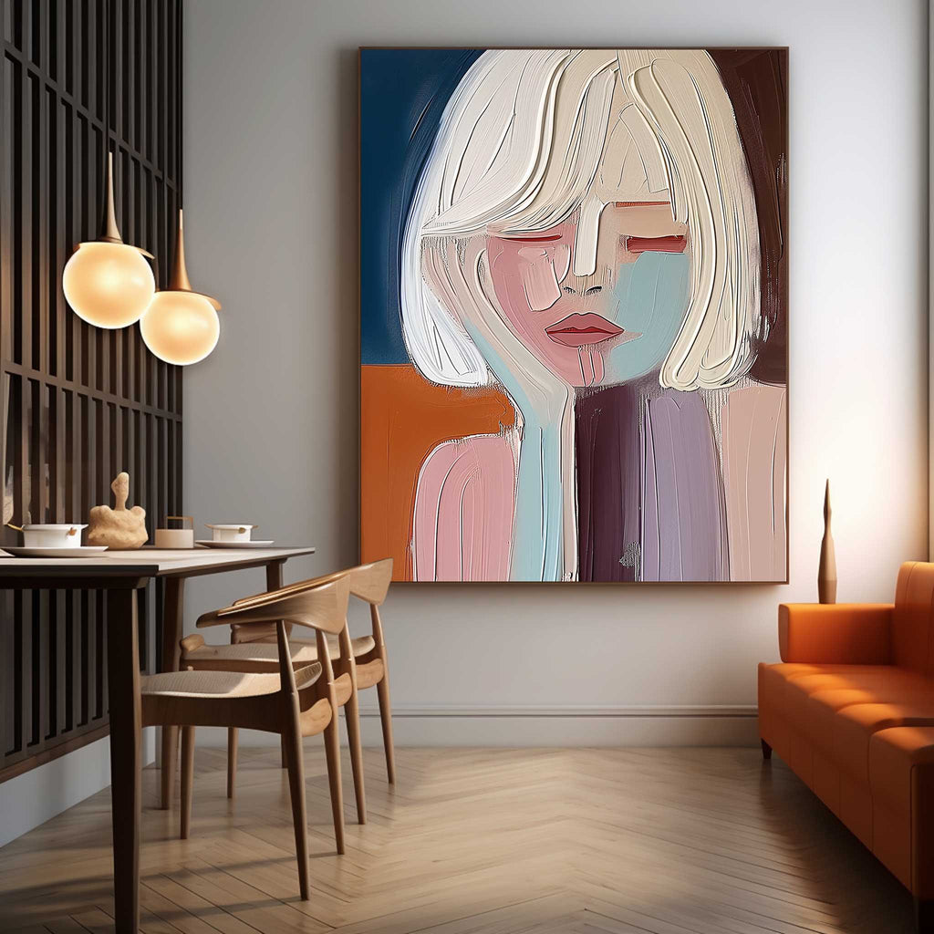 Large Pretty Girl Abstract Wall Art Colorful Pretty Lady Textured Painting Beautiful Girl Canvas Art-SJ#0331