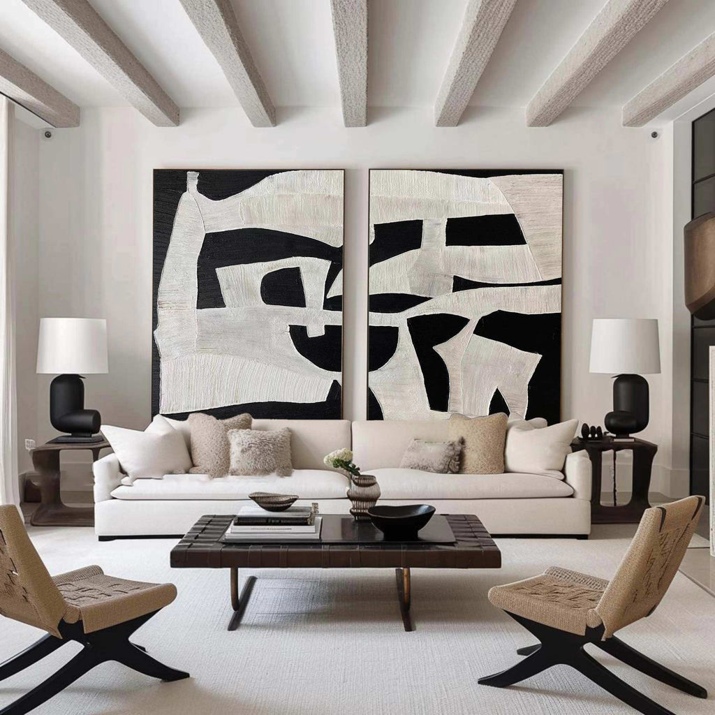Black & White Textured Wall Art Modern Abstract Painting Set of 2 Minimalist Canvas - View 4 | Seegart Abstract Art