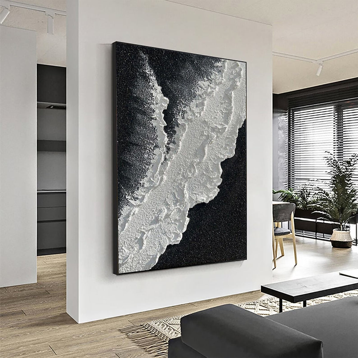 Minimalist Black And White Ocean Painting Large Whit-SJ#0205
