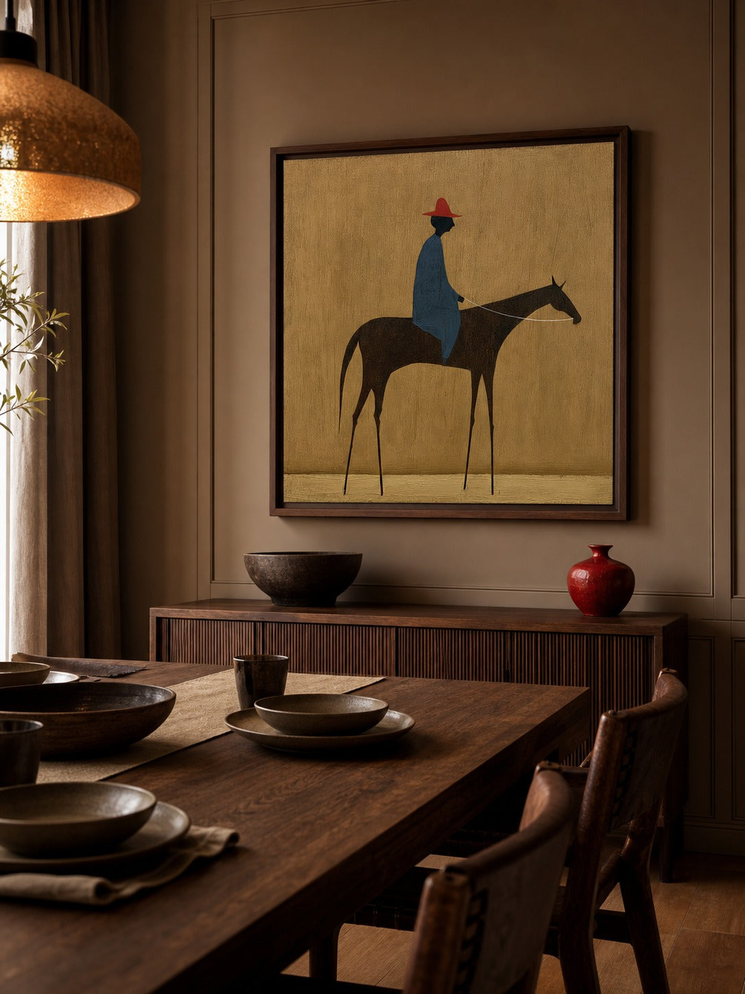 Modern Figurative Oil Painting Of Rider And Horse With Textured Beige Background For Living Room - View 5 | Seegart Abstract Art
