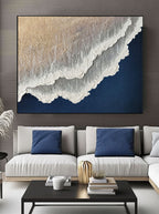 Navy Blue White Abstract Ocean Painting 3D White And Blue Minimalist Ocean Waves Art M-SJ#0202