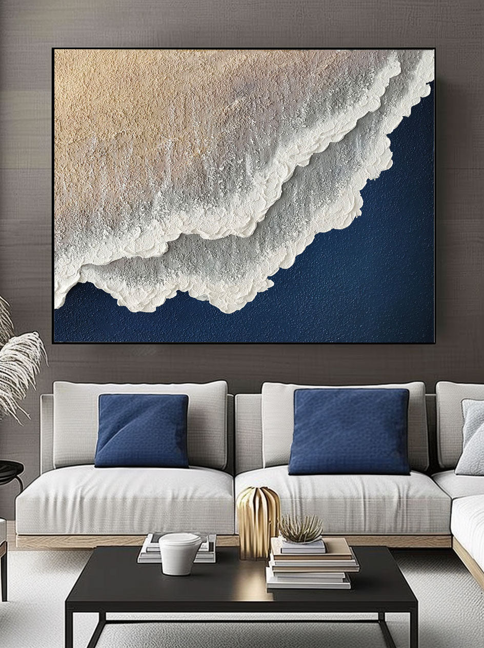 Navy Blue White Abstract Ocean Painting 3D White And Blue Minimalist Ocean Waves Art M-SJ#0202