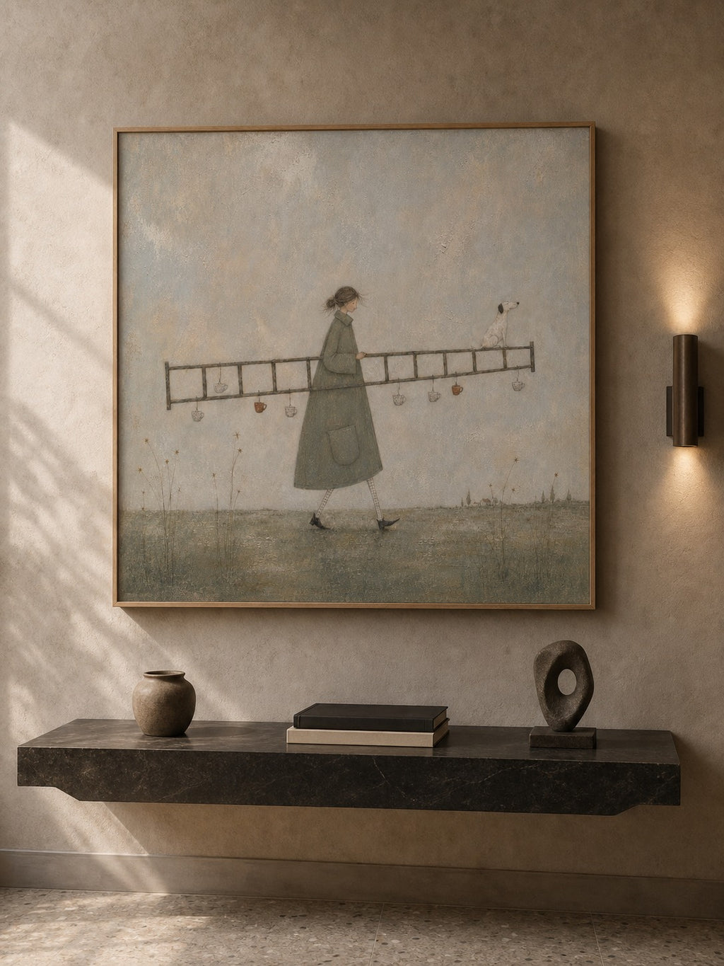 Original Man With Ladder Oil Painting Handmade Whimsical Wall Art For Living Room-SJ#0187
