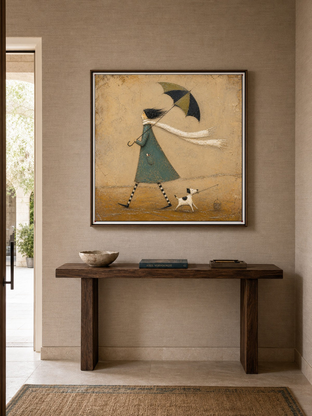 Original Hand Painted Umbrella Dog Fishing Painting Whimsical Storybook Wall Art-SJ#0188