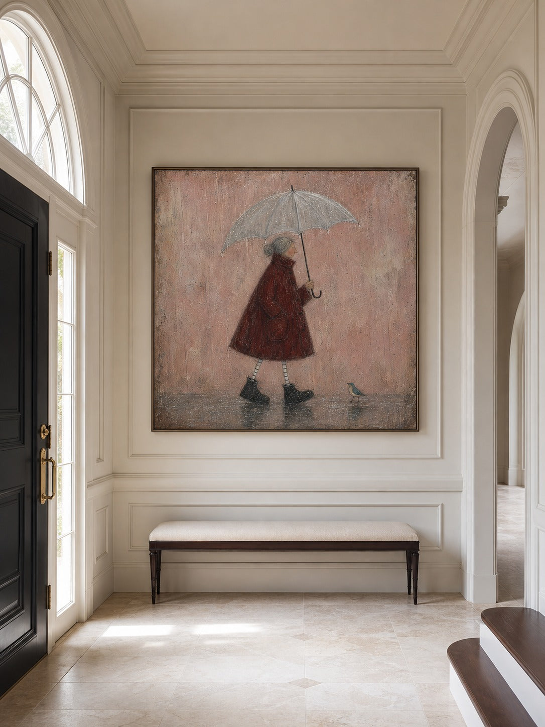 Rainy Day Painting Red Coat Woman Canvas Wall Art Soft Minimalist Decor-SJ#0190