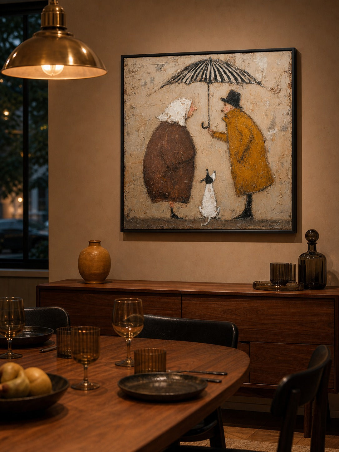Romantic Vintage Couple Painting On Canvas Dog And Umbrella Wall Art Decor Gift-SJ#0181