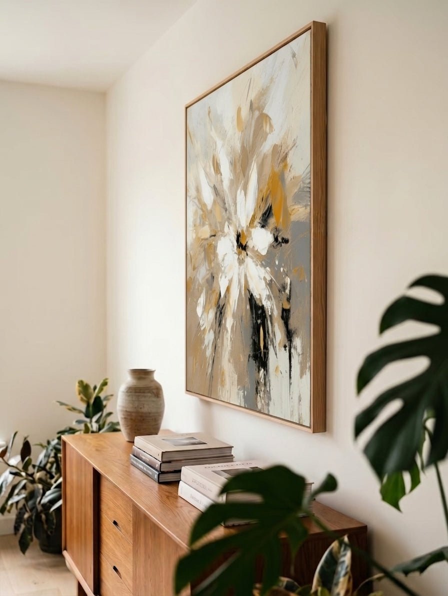 Gold Abstract Floral Wall Art, Neutral Abstract Floral Painting - View 5 | Seegart Abstract Art
