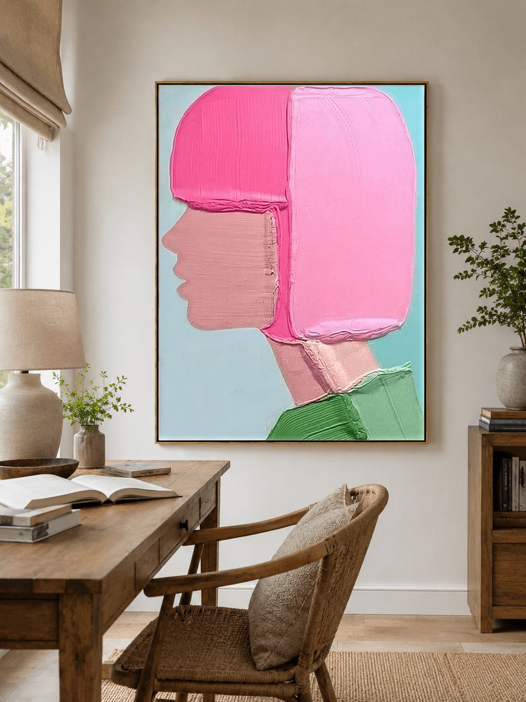 Large Thick Textured Mauve Pink and Brown People Abstract Modern Wall Art-SJ#0339