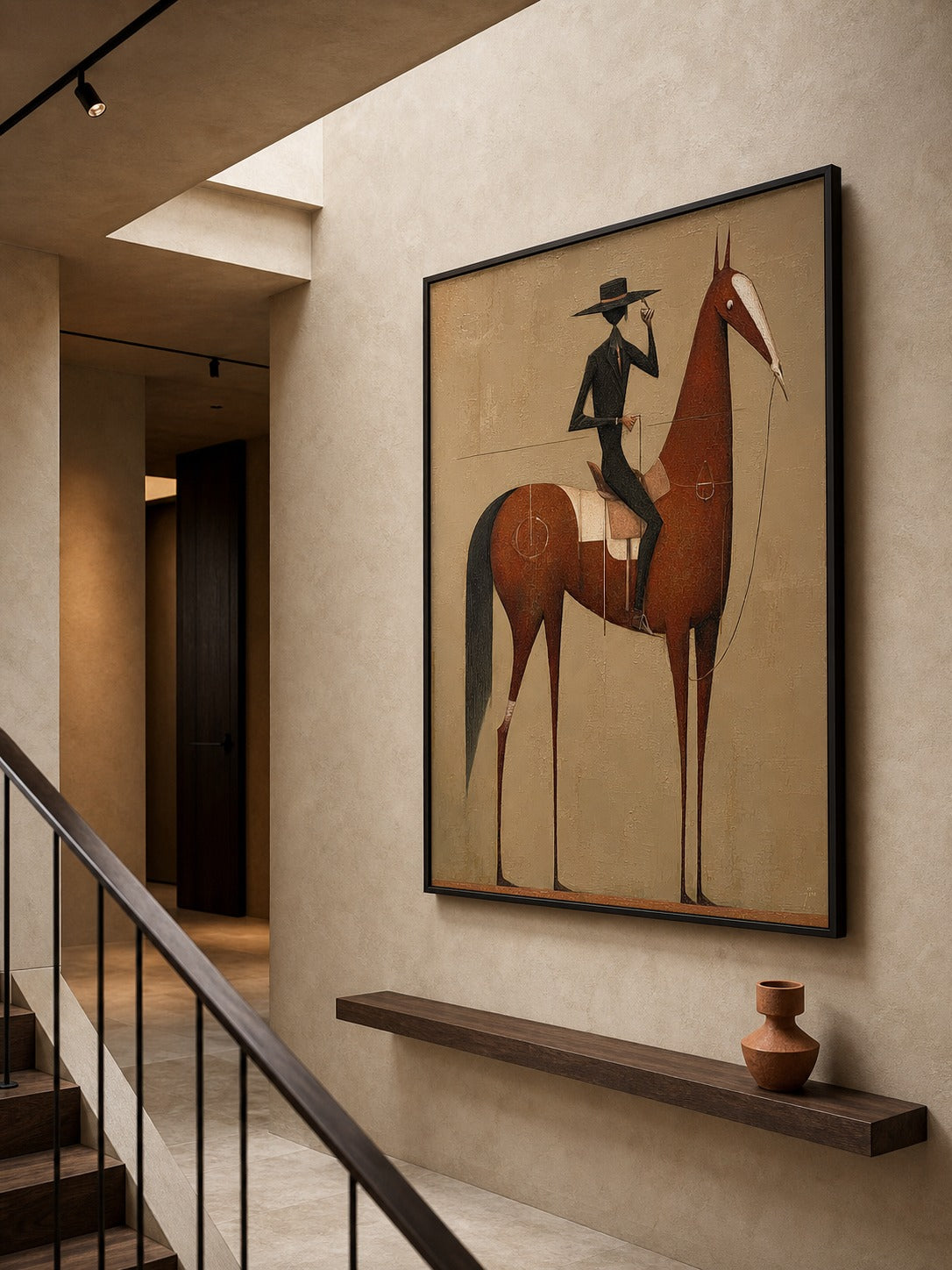 Vintage Equestrian Oil Painting Brown Horse Rider Vertical Canvas Wall Decor For Living Room - View 4 | Seegart Abstract Art