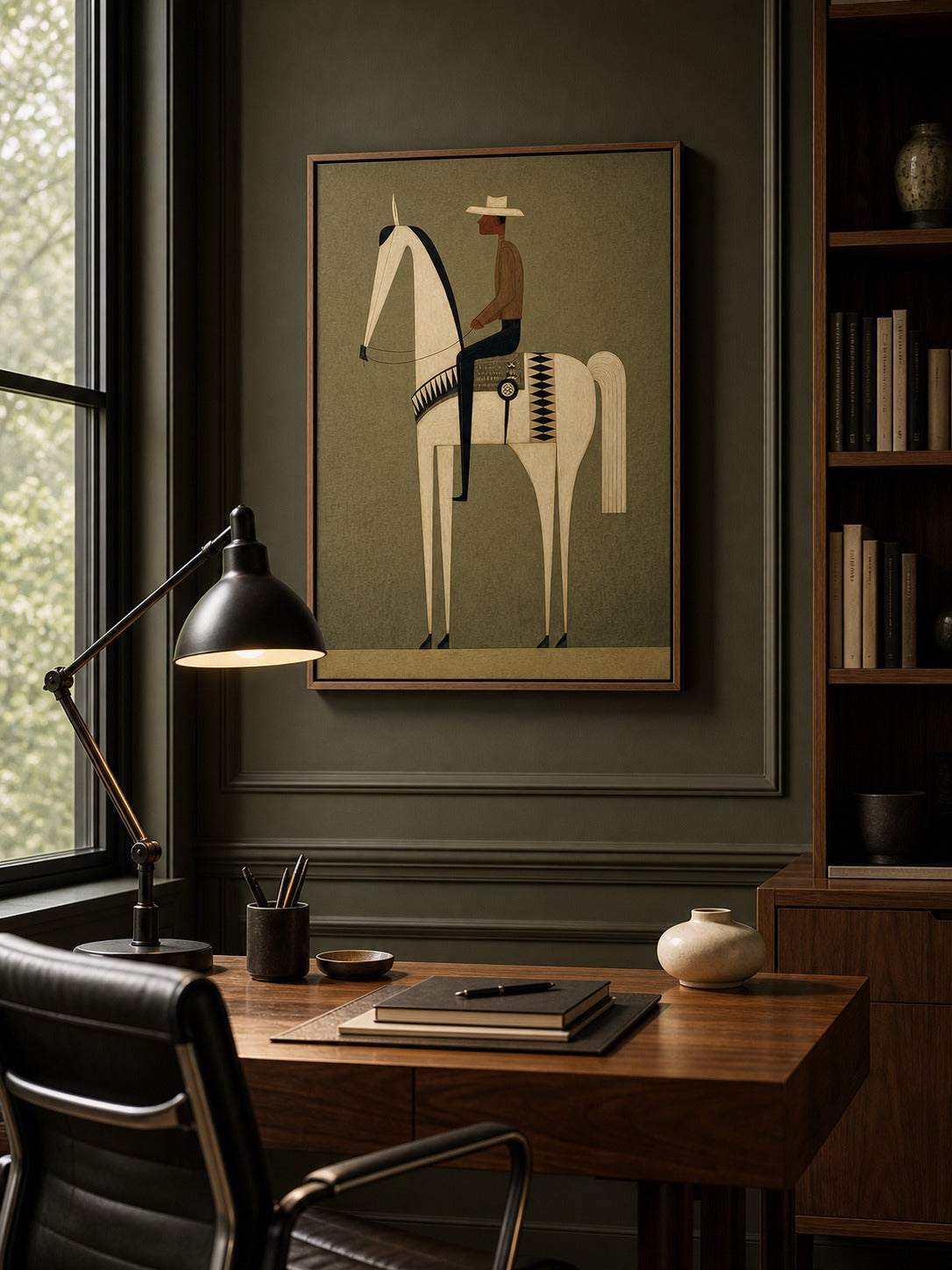 Vintage Minimalist Horse And Cowboy With Earthy Green Tones For Modern Home Decor - In Room Setting | Seegart Wall Art