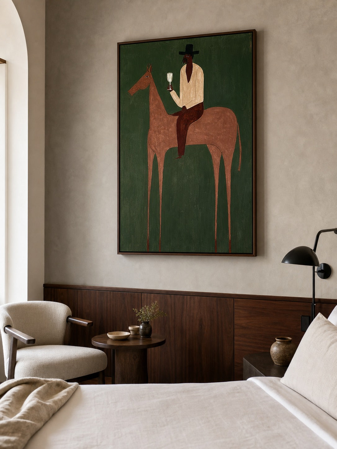 Vintage Minimalist Horse Oil Painting Framed Green Canvas Wall Art For Bedroom Sanctuary - Texture Detail Closeup | Seegart